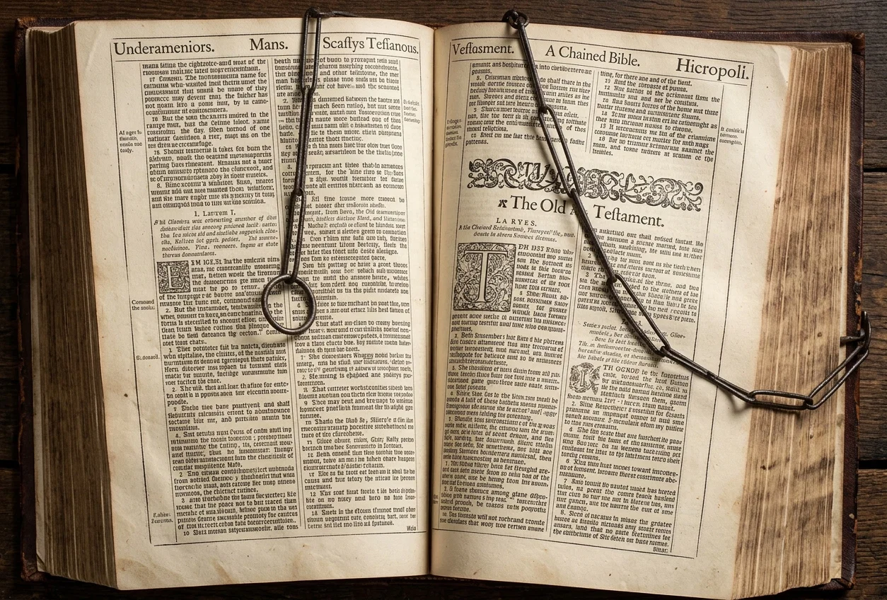 A Bible chained, that it might not be removed from the church where it was placed