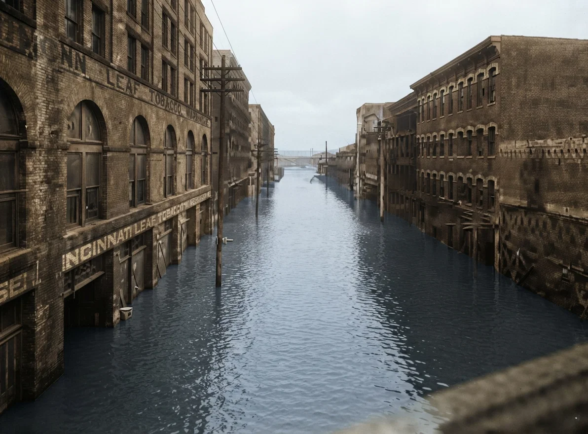 Wholesale tobacco warehouse district, on Front Street, Cincinnati, Ohio, during her recent million dollar flood