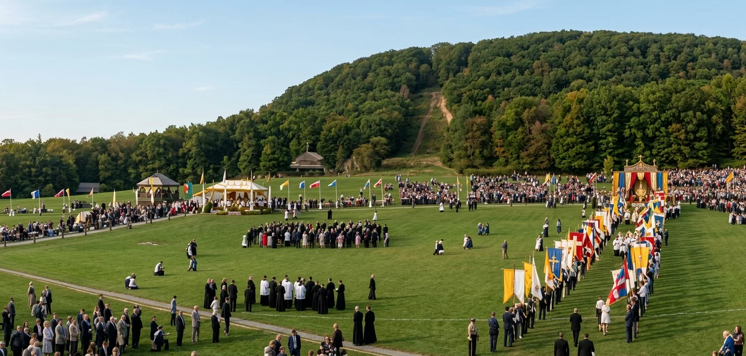 A SMALL PORTION OF THE GREAT CROWD WHICH WITNESSED THE EUCHARISTIC PROCESSION ON SUNDAY AFTERNOON. THE AVENUE OF FLAGS AT THE RIGHT TO THE REPOSITORY, THEN DOWN THE AVENUE
