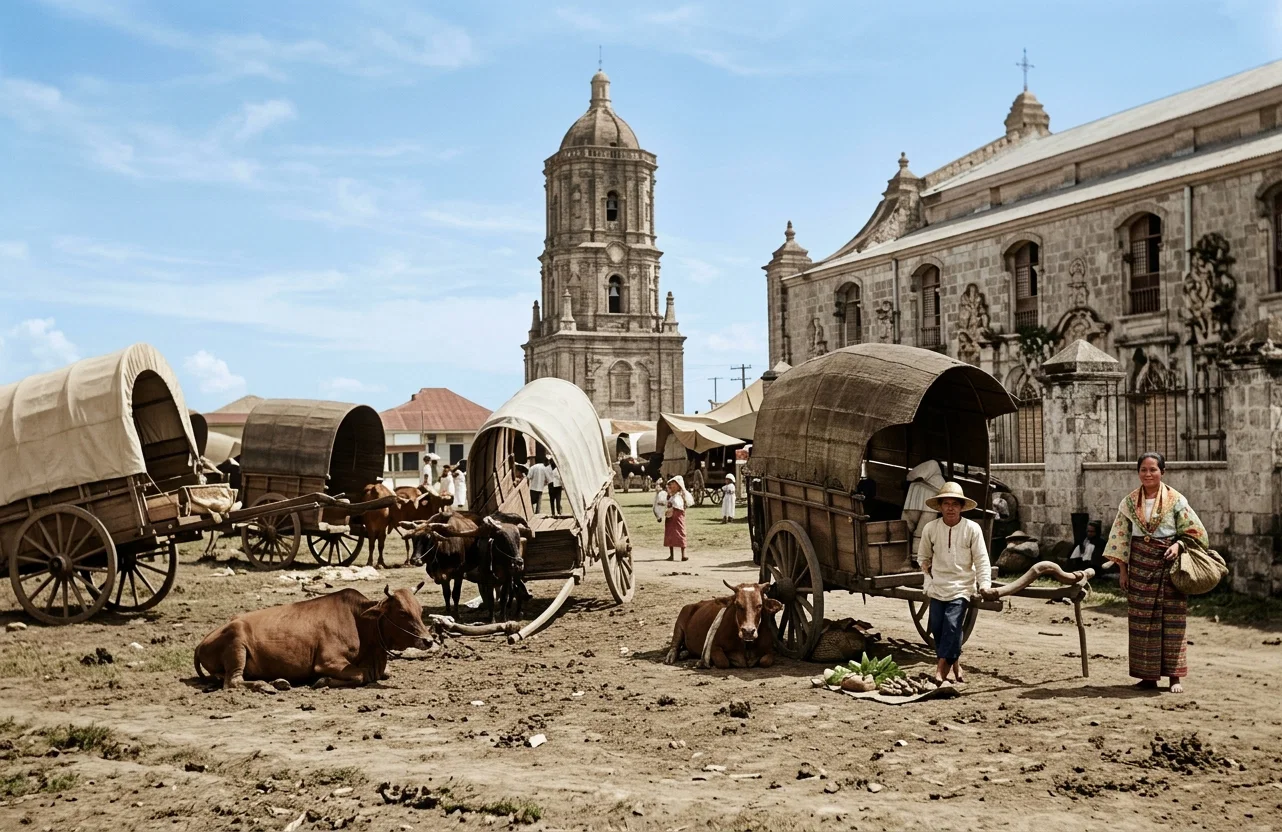 Moro market day, Philippine Islands. Foreground, single oxcarts with oxen at rest, during noon hour. Large Catholic church at right, with the Moro watchtower in background.