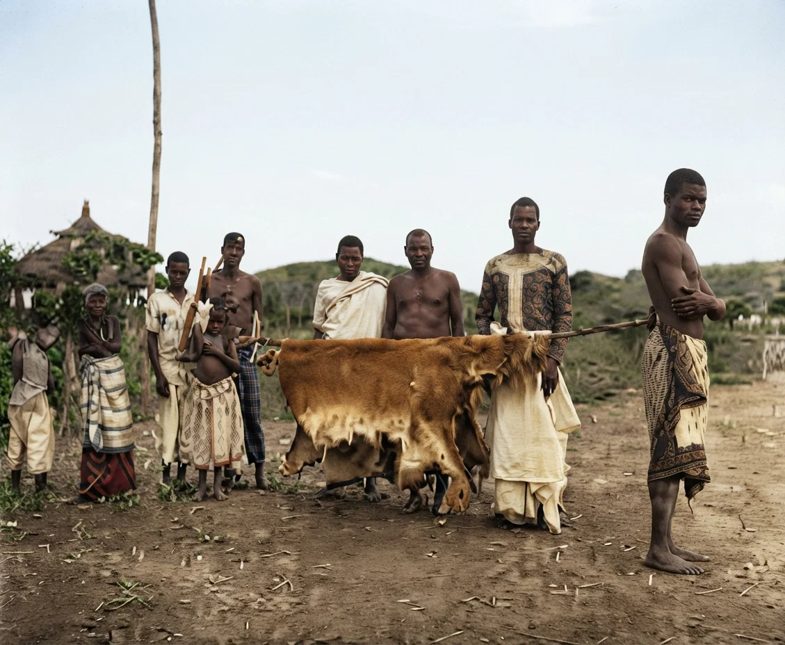 Fresh lion skin for sale. This old lion killed two persons before it was captured by the crude methods of these natives.