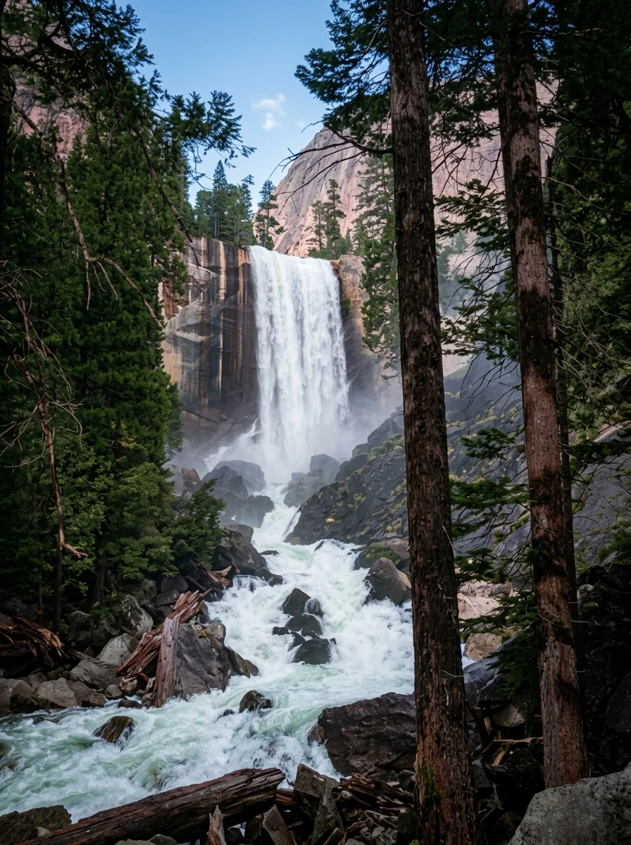 Vernal Falls, Yosemite Valley; height 350 feet. Here the Merced River takes its second great plunge to reach the floor of this most beautiful valley.