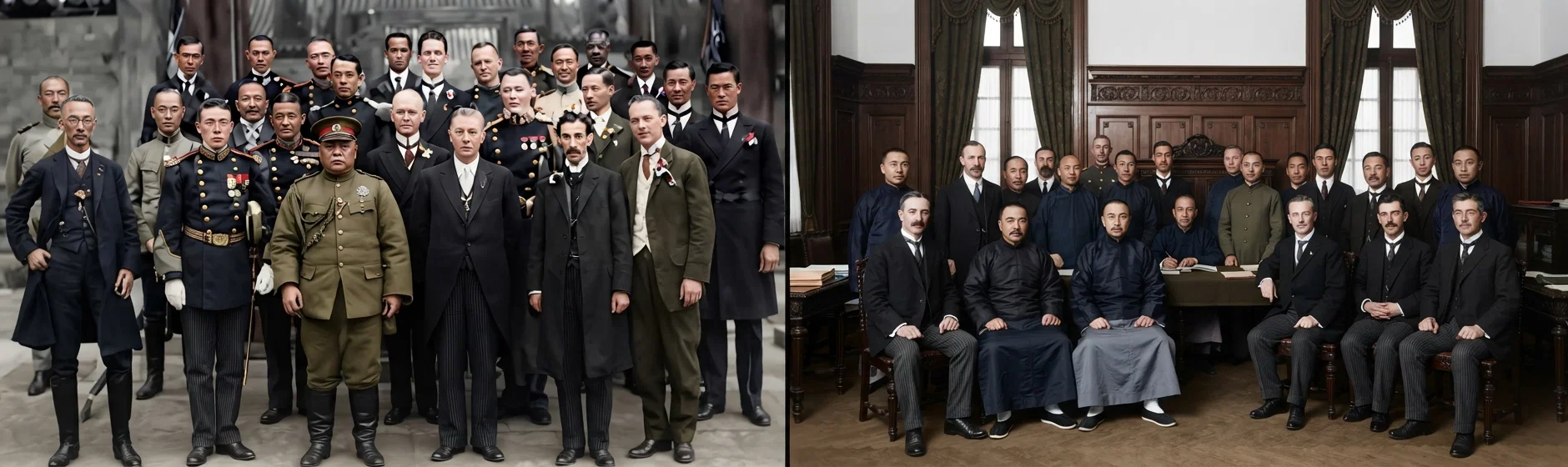 Those who took part in the historical proceedings at the palace of President Yuan Shih Kai, when America accorded recognition to the republic of China, on May 2, 1913. The short, heavy man in front, in military dress, is Yuan Shih Kai. Mr. E. T. Williams, American chargé d'affaires, stands at the president's left. Others are officials and soldiers of the two governments. There is warm friendliness in China now toward America. May it continue. Officials at Shanghai who participated in the ceremony of recognition by America of the Chinese republic. United States Consul-General Wilder and staff represented the United States. On the Chinese side were Tutuh Chen and staff, and Commissioner of Foreign Affairs Ivan Chen and staff. There were also present other prominent officials of the republics United States, France, and China, and other prominent men.