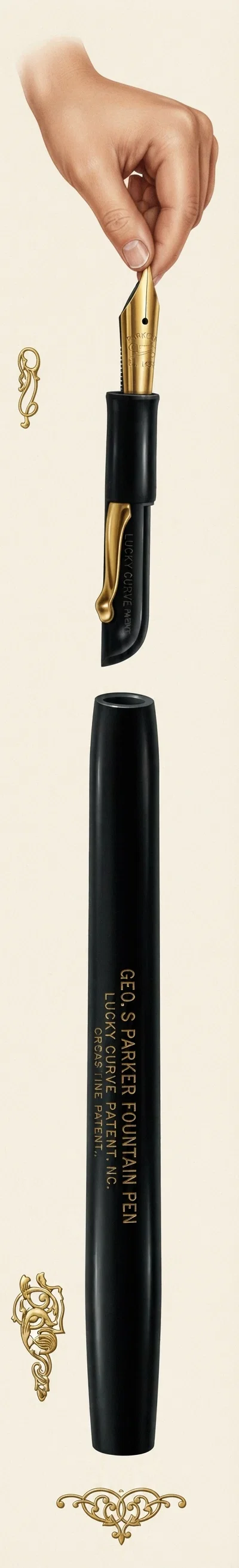 THE JOINTLESS, LUCKY CURVE GEO. S PARKER FOUNTAIN PEN THE SUCCESS OF THE PEN AGE.
