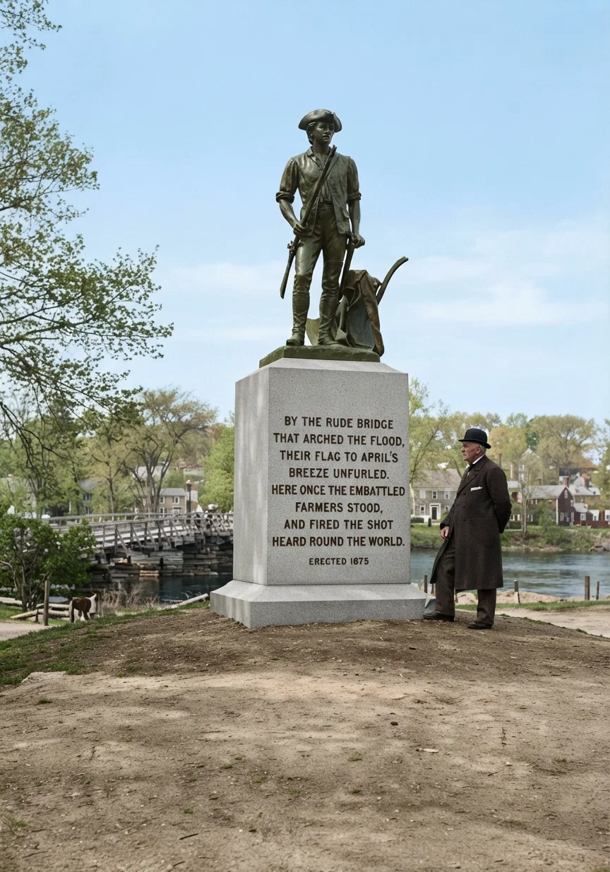 Statue of "The Minute Man" at the "Old North Bridge," near Concord, Mass., where the first conflict of the Revolution occurred, April 19, 1775. On the monument is this verse: