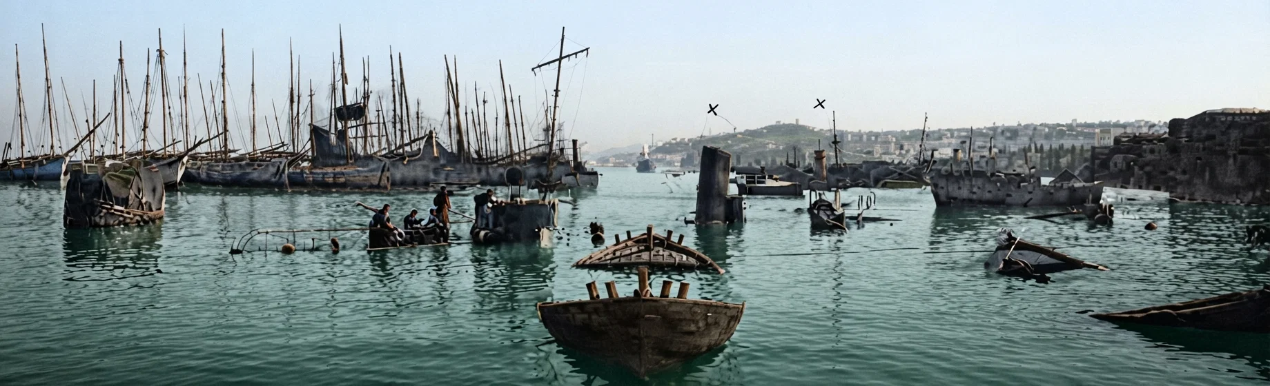 Under the cross at the left is the torpedo-boat, and at the right the cruiser, sunk by the Italian war-ships.