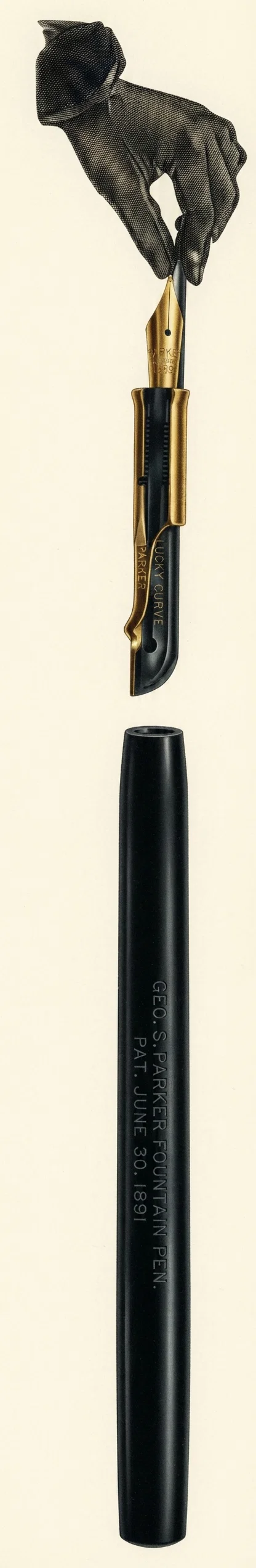 THE JOINTLESS, LUCKY CURVE GEO. S. PARKER FOUNTAIN PEN. THE SUCCESS OF THE PEN AGE.