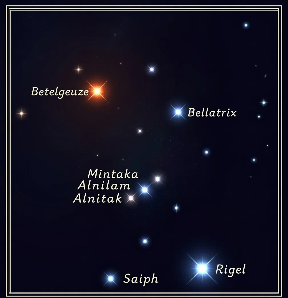 A part of the constellation of Orion, showing the stars easily visible to the naked eye. The constellation is due south from overhead at this time of year, March 1, say about 6 p.m.
