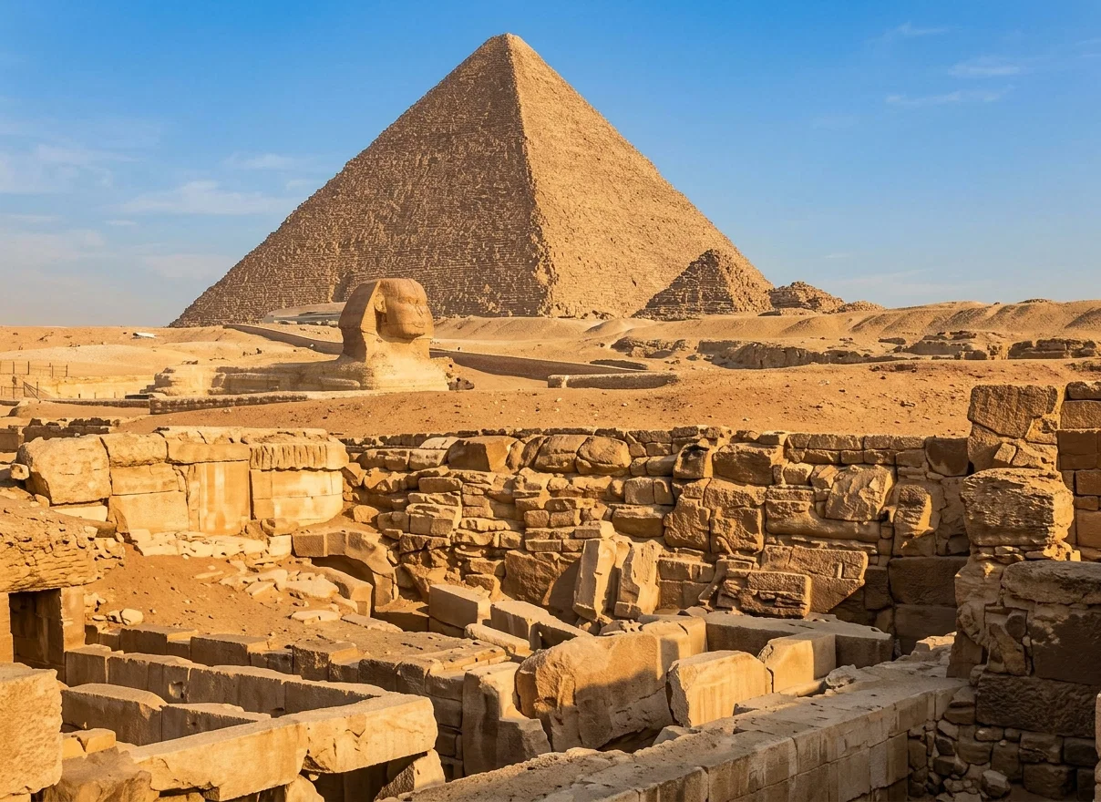 The great pyramid of Cheops, the Sphinx, and ruins of the temple of Armachis, Gizeh, Egypt