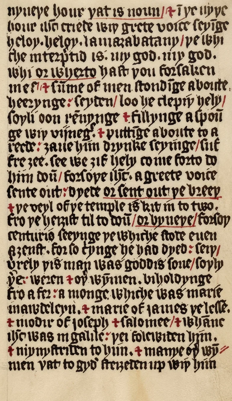 AN EXTRACT FROM WYCLIF'S BIBLE
(Mark 15: 33–41)    Late Fourteenth Century