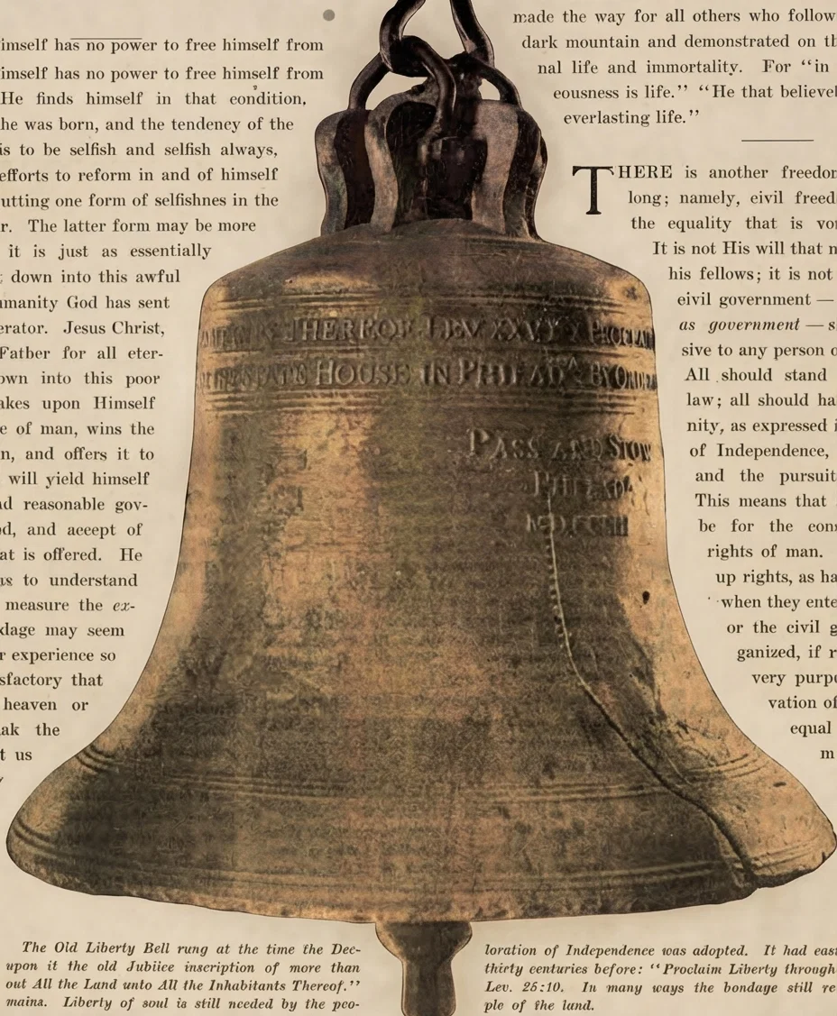 The Old Liberty Bell rung at the time the Declaration was signed, and it bears upon it the old Jubilee inscription of more than a century before: 'Proclaim Liberty throughout All the Land unto All the Inhabitants Thereof.'" But the inscription means. Liberty of soul is still needed by the people.