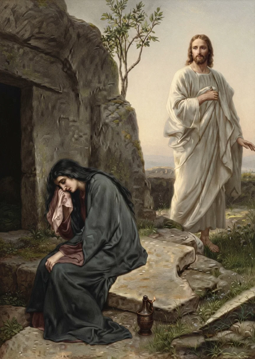 "Woman, why weepest thou?" "Because they have taken away my Lord." "She turned herself back, and saw Jesus standing."
