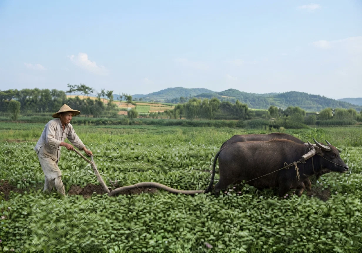 Chinese farmer plowing under clover as a fertilizer