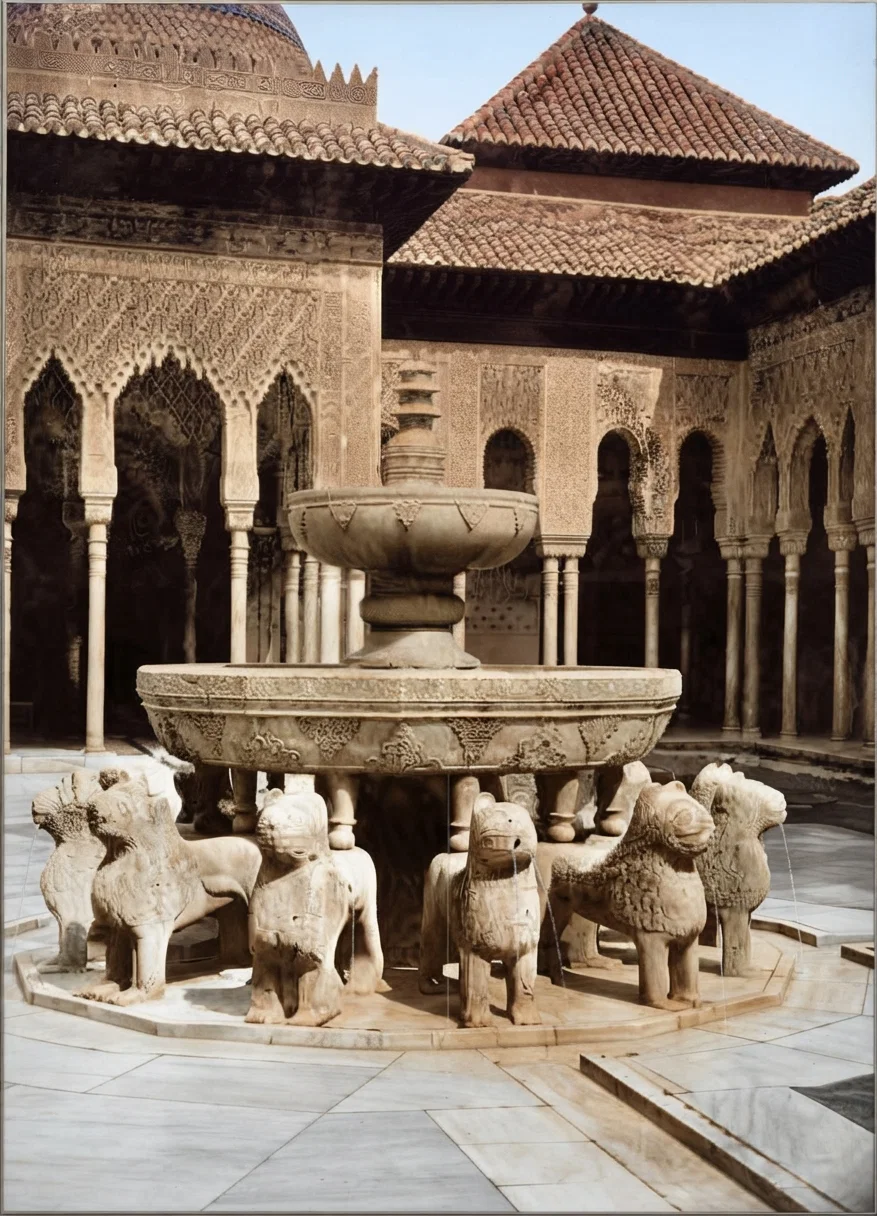 The Court of Lions, one of the many beautiful sections of the Alhambra. This building, situated in Granada, Spain, is a crumbling monument of the lost dominion of the Moors.