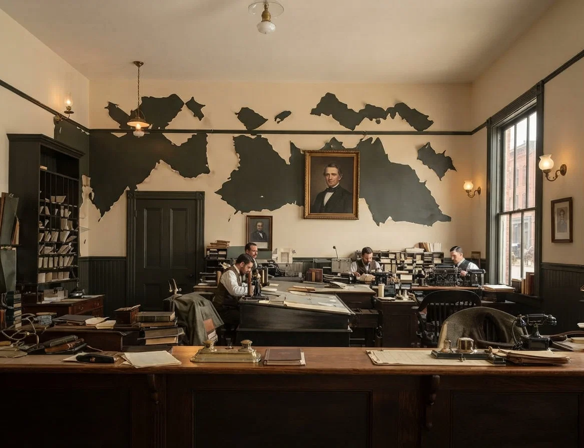 A view in the business office of the Pacific Press.