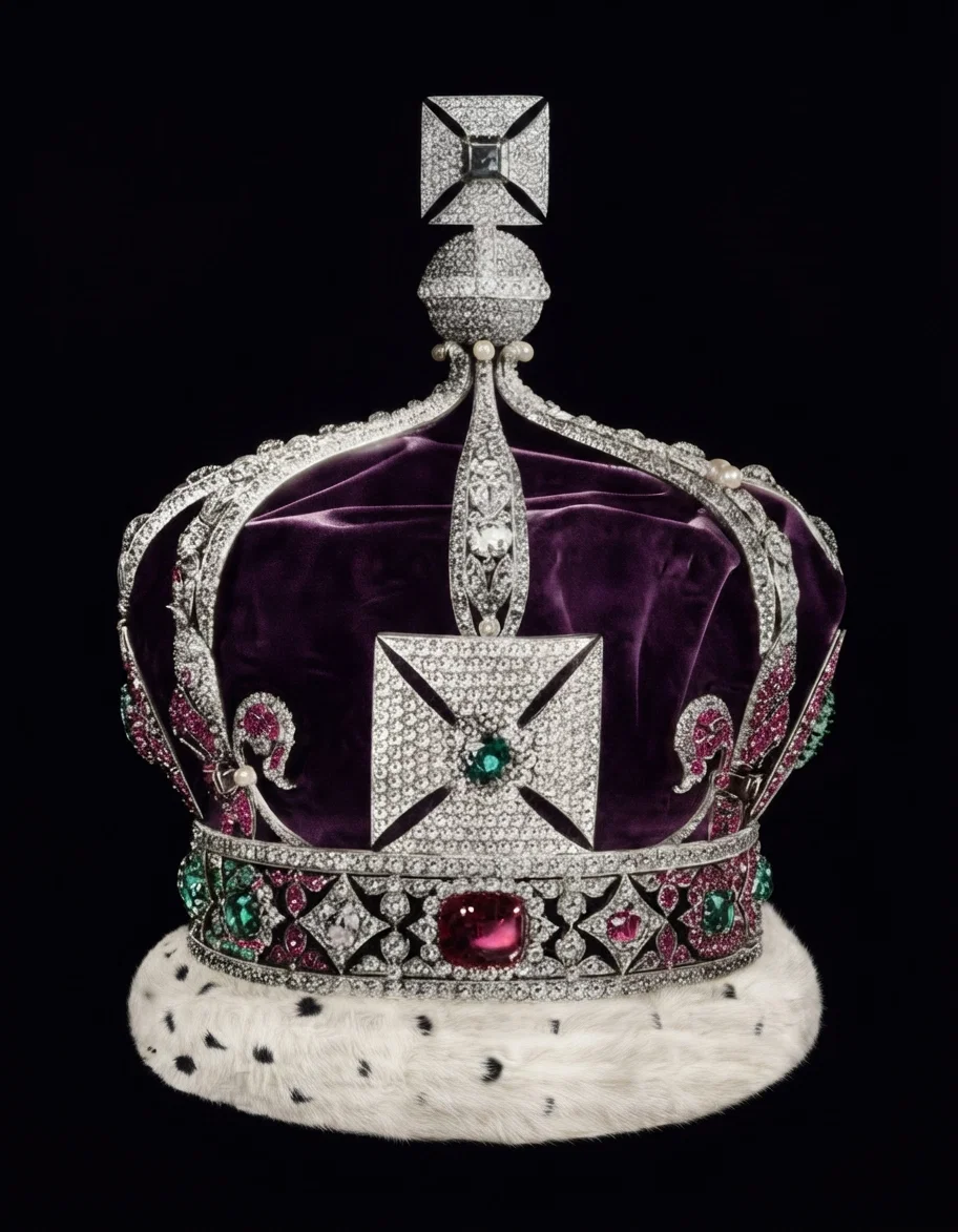 The new imperial State crown of India made for George V at the great durbar in Delhi. It contains 6,170 diamonds, with magnificent emeralds, rubies, etc. Its height, including the ermine, is 11¼ inches, the head-band 8¾ inches from front to back and 6¾ inches from side to side. It is of almost priceless value. (From "Illustrated London News.")