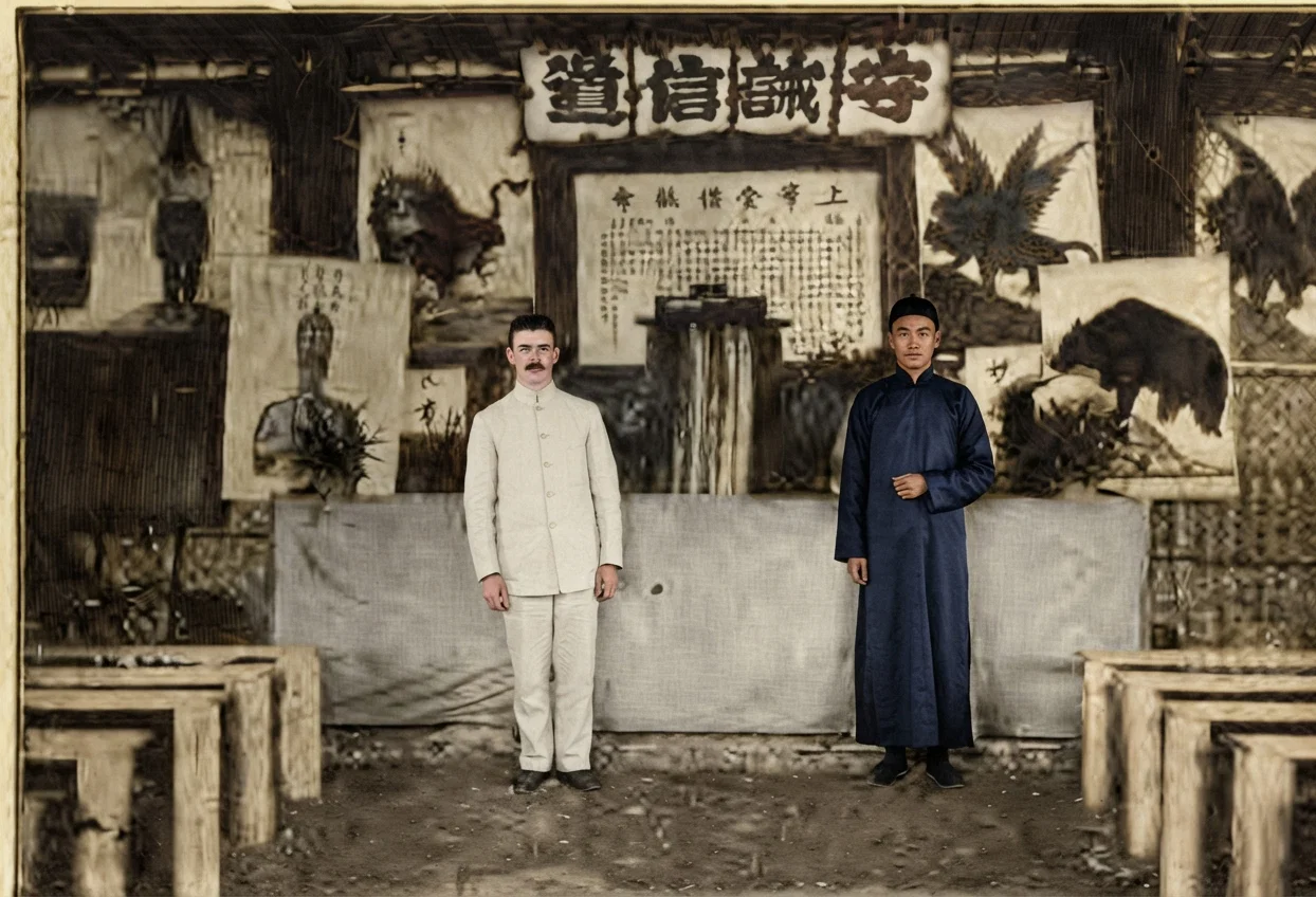 Interior of tent at Nanziang—Native evangelist T. S. Zee on the right of Elder Stafford.