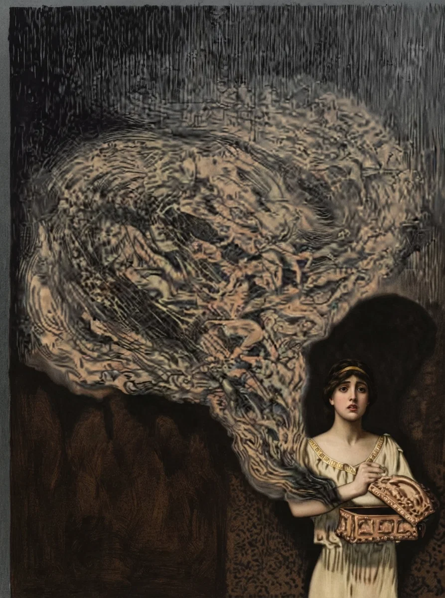 The lid of Pandora's box is flung up, and the vices which afflict the social life of man swarm forth.