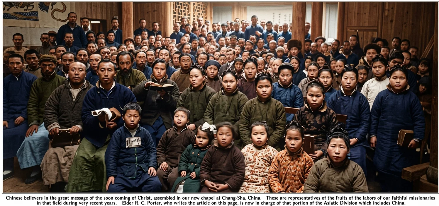 Chinese believers in the great message of the soon coming of Christ, assembled in our new chapel at Chang-Sha, China. These are representatives of the fruits of the labors of our faithful missionaries in that field during very recent years. Elder R. C. Porter, who writes the article on this page, is now in charge of that portion of the Asiatic Division which includes China.