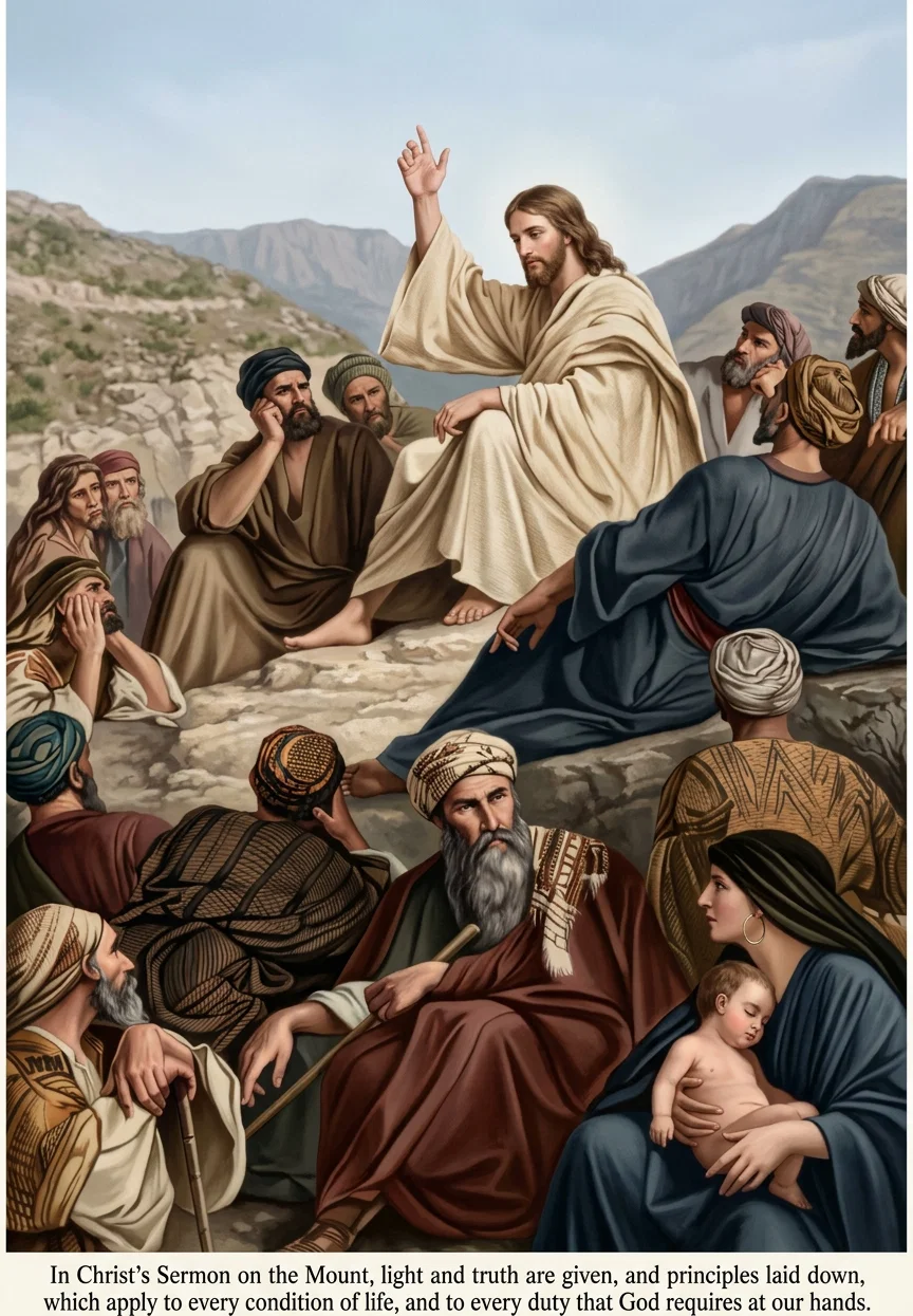 In Christ's Sermon on the Mount, light and truth are given, and principles laid down, which apply to every condition of life, and to every duty that God requires at our hands.