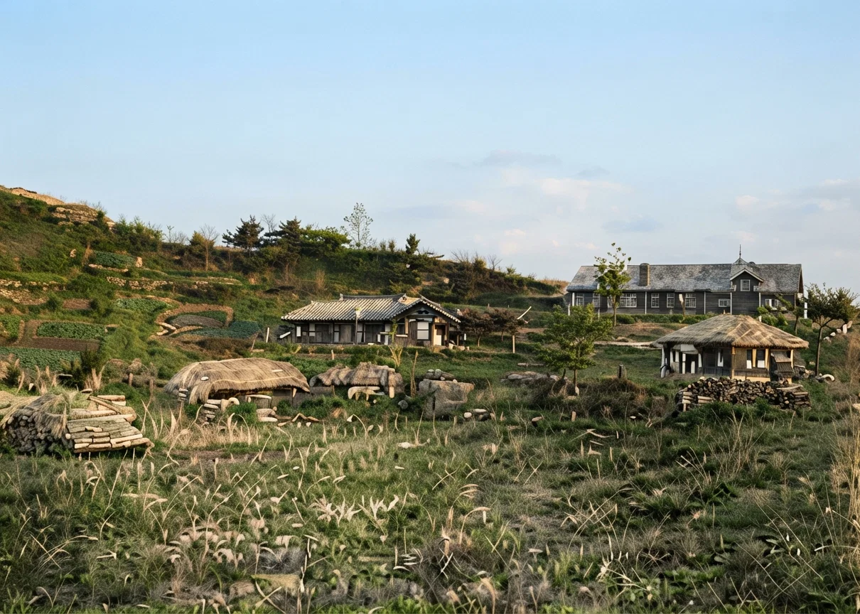 Buildings at Soonan, Korea, erected with offerings given by the Sabbath-schools in the United States and Canada during March, 1913. The school building is at the right in the rear.