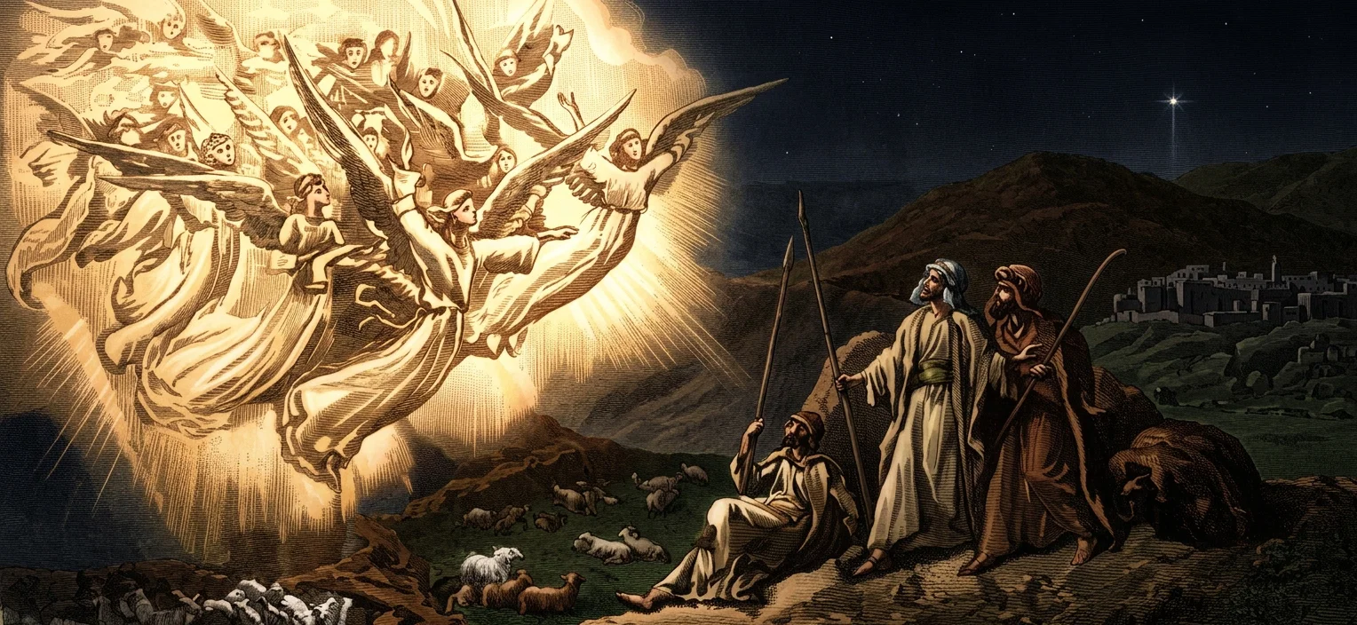 “And there were in the same country shepherds abiding in the field, keeping watch over their flock by night. And, lo, the angel of the Lord came upon them, and the glory of the Lord shone round about them; and they were sore afraid. And the angel said unto them, Fear not; for, behold, I bring you good tidings of great joy, which shall be to all people. For unto you is born this day in the city of David a Saviour, which is Christ the Lord. . . . And suddenly there was with the angel a multitude of the heavenly host praising God, and saying, Glory to God in the highest, and on earth peace, good-will toward men.” Luke 2:8-14.