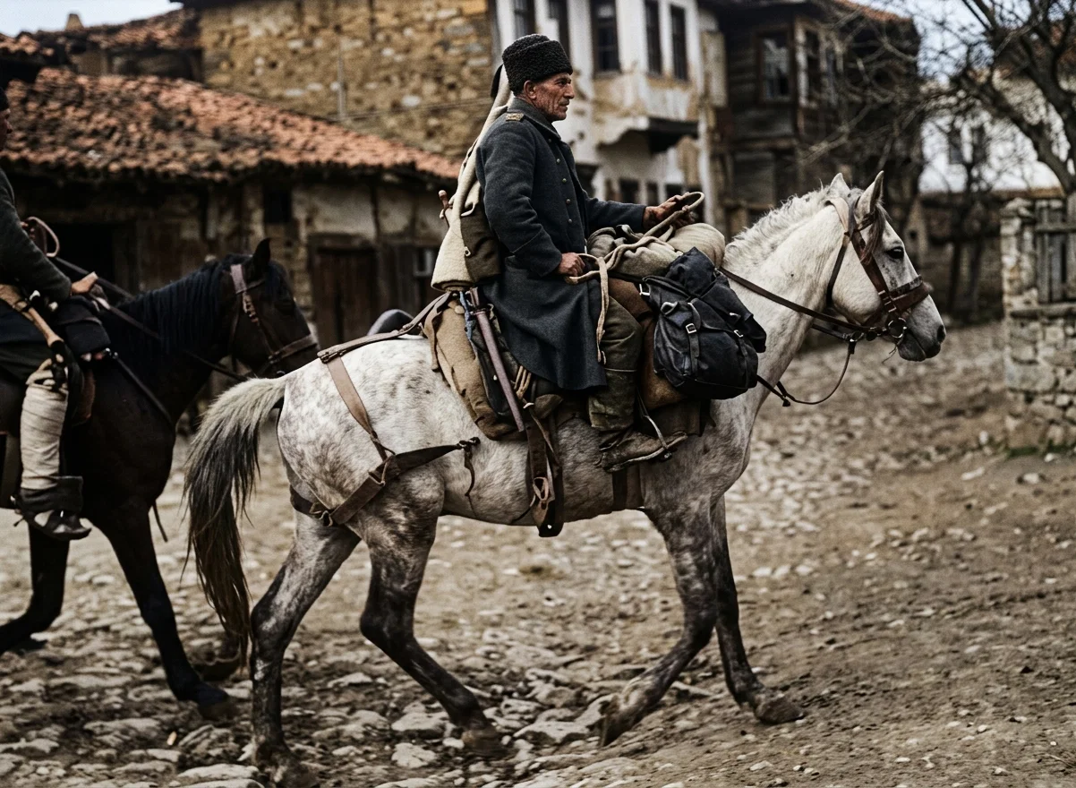 A VETERAN TURKISH CAVALRYMAN OF THE BALKAN CAMPAIGNS ON HIS WAY TO JOIN HIS TROOP