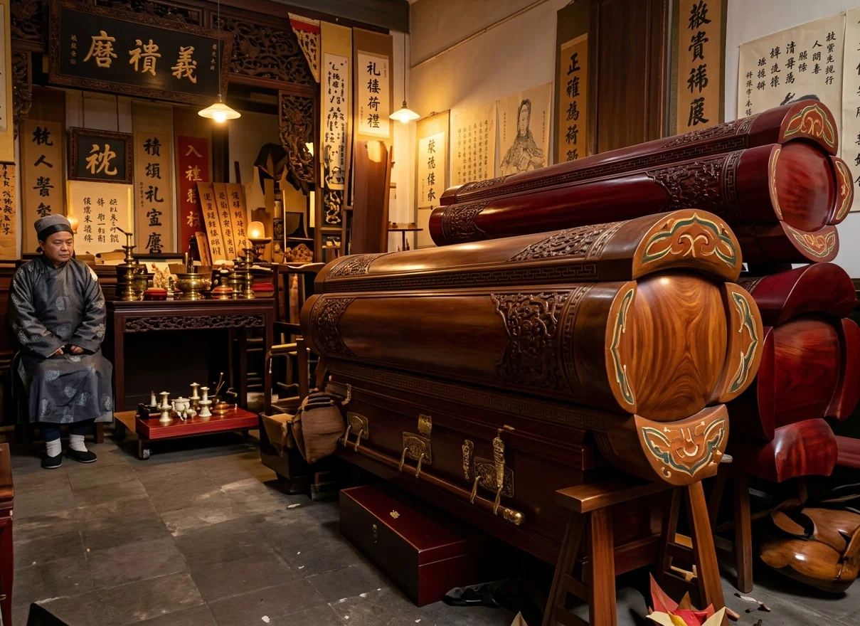A CHINESE UNDERTAKER'S SHOP, SHOWING COFFINS