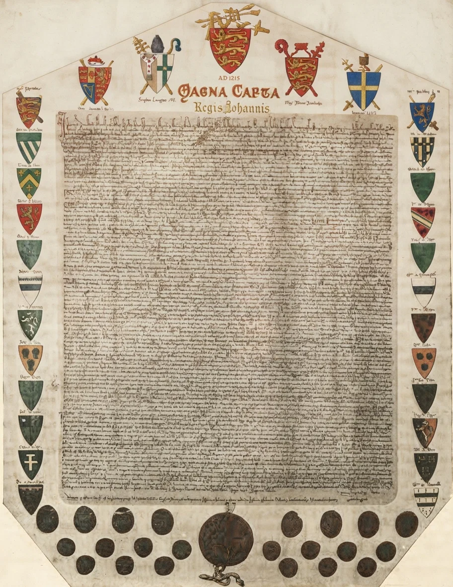 A photo reproduction of the Magna Charta, the copy of which is taken from the original document in the British Museum. The shields at top and side are of the barons, and at the bottom are the seals of the king's securities.