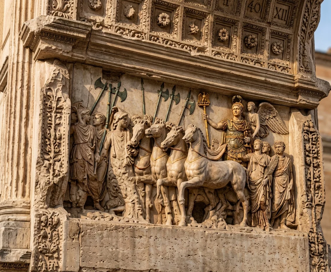 A relief on the triumphal Arch of Titus, representing victory crowning the Roman general.