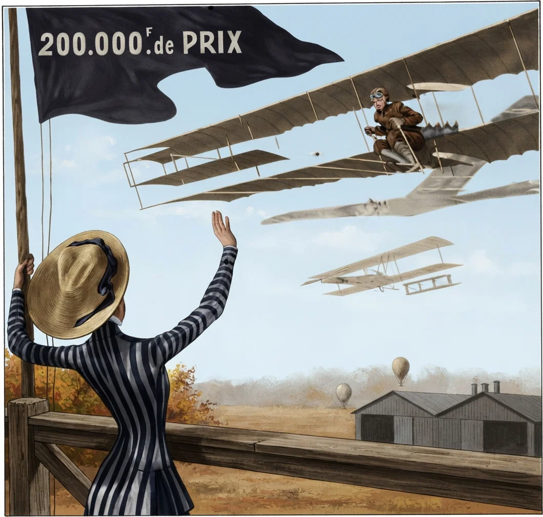 A representation of aeroplanes in the air at one time in the great aviation meet at Rheims, August 22-29, 1909