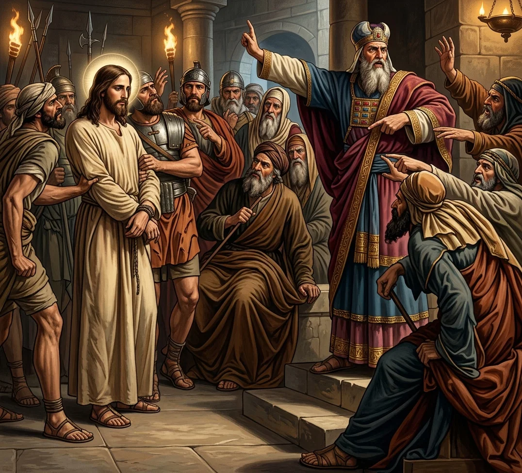 JESUS BEFORE THE HIGH PRIEST.
The Great Restorer saves us; but He could not save Himself. Love spends for others. “Surely He hath borne our griefs, and carried our sorrows.” “He was wounded for our transgressions; . . . and with His stripes are we healed.”