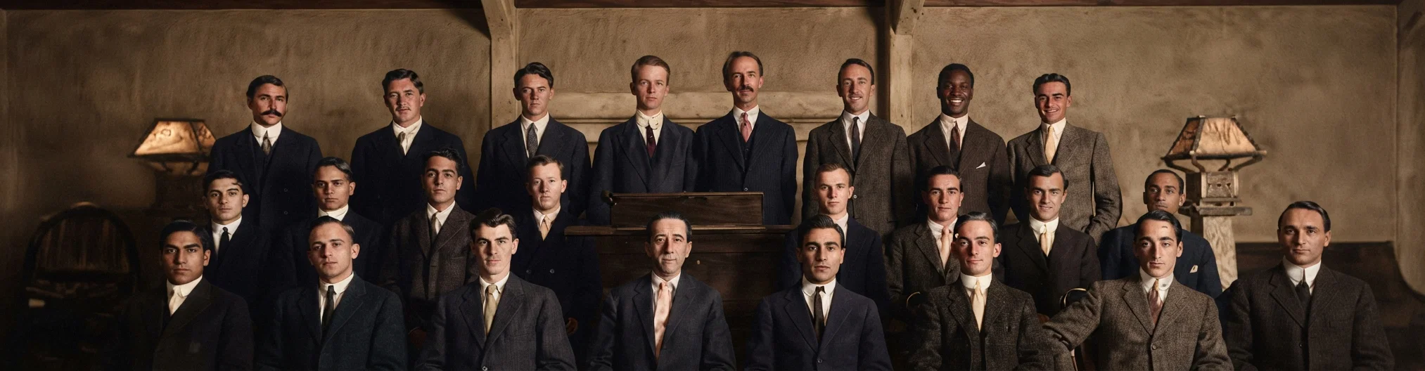 A COMPANY OF YOUNG MEN RECEIVING TRAINING IN PACIFIC UNION COLLEGE, PREPARATORY TO SERVICE AS MISSIONARIES IN ANY PART OF THE WORLD. HUNDREDS OF SUCH GROUPS MAY BE FOUND TO ILLUSTRATE THE GREAT MISSIONARY ACTIVITIES OF THIS TIME.