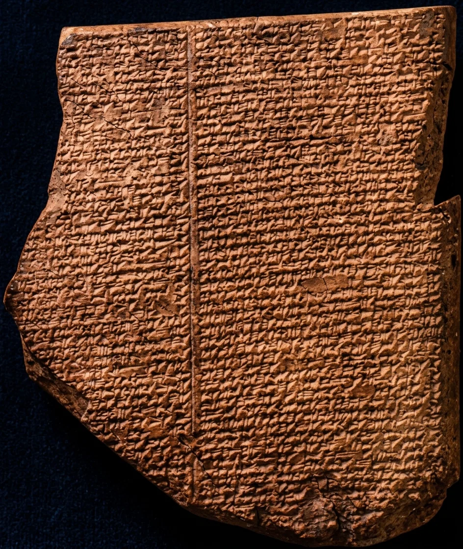 Fragment of a baked clay tablet inscribed with the Babylonian account of the Deluge. The original is in the Nineveh Gallery of the British Museum.