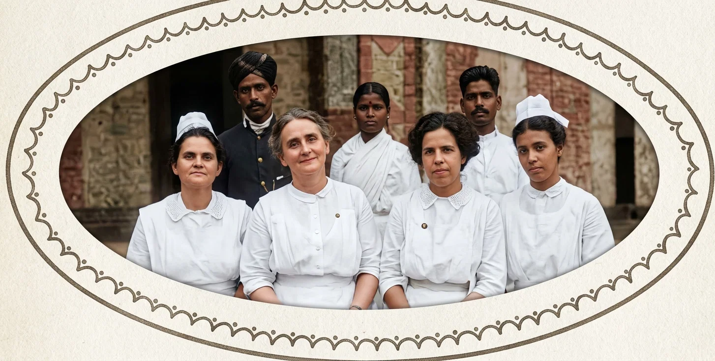 Dr. Mrs. M. D. Wood, and her 1919 class in training as missionary nurses at our Kalyan dispensary