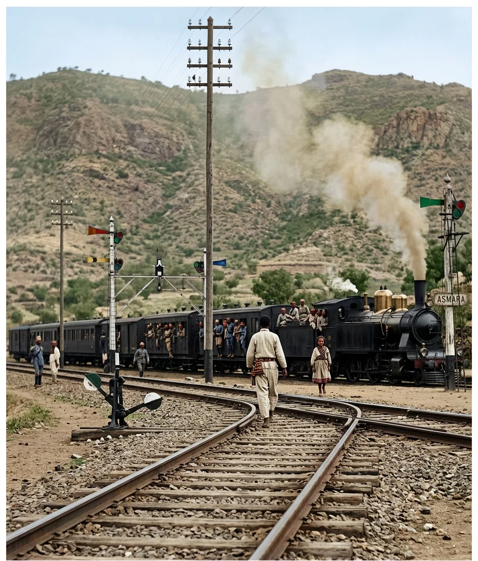 FIRST TRAIN AT ASMARA BRINGING ABYSSINIAN SOLDIERS RETURNING FROM TRIPOLI