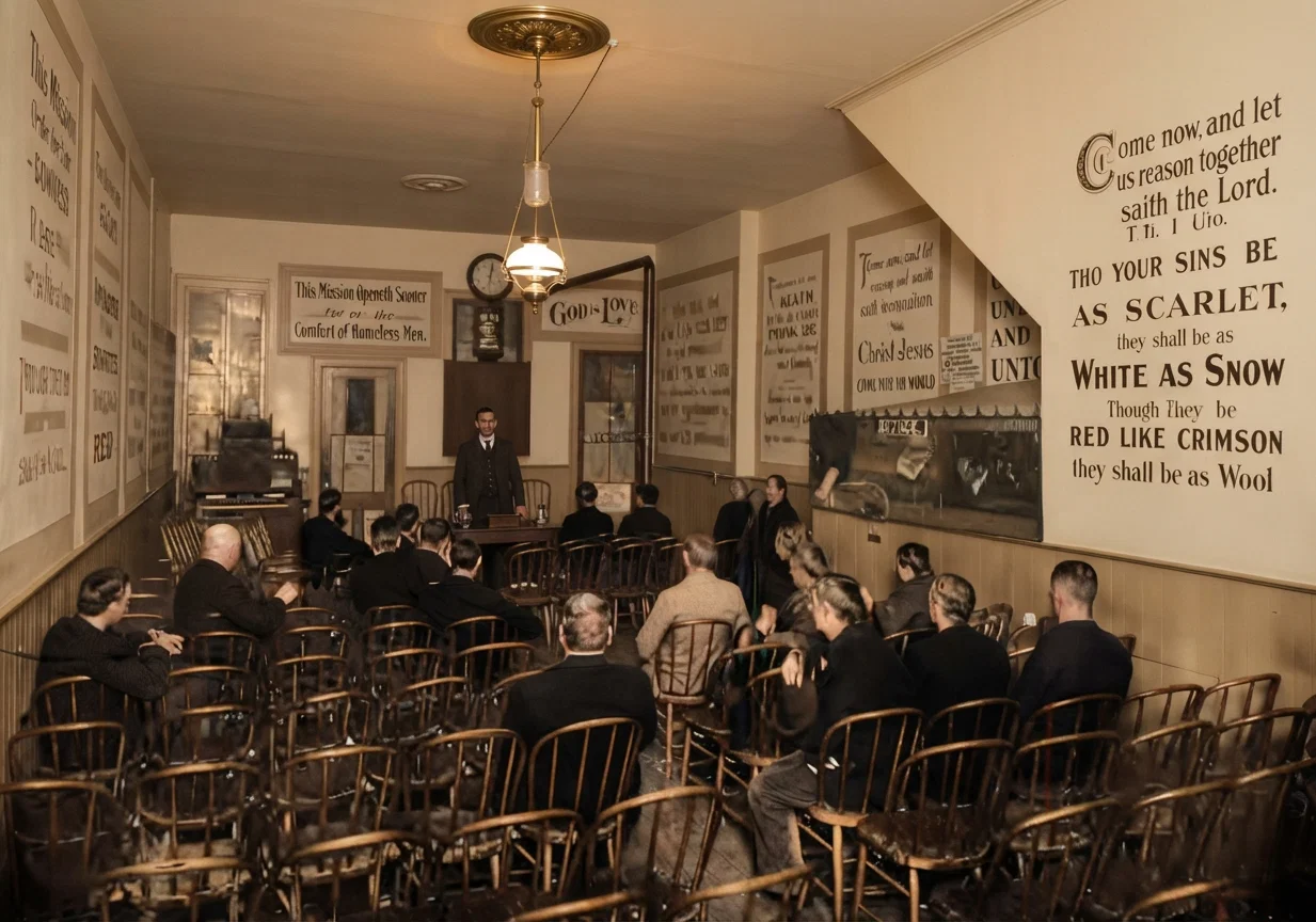 An Interior View of Chapel and Reading-room of our Helping Hand Mission. Altho the assistant chaplain, Brother H. H. Dexter, stands at the desk, it is not a time of regular service. At the regular services there is always a good attendance, and frequently the room is crowded.