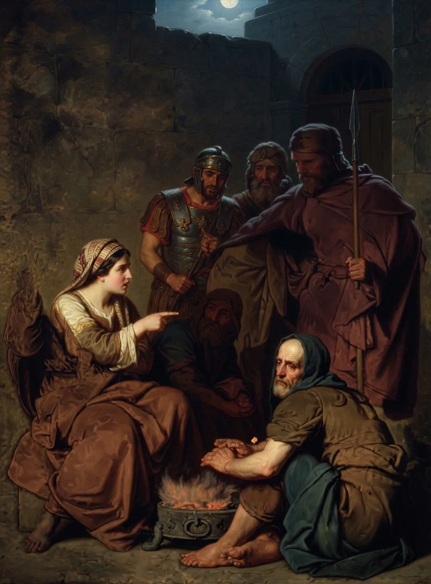 “And when she saw Peter warming himself, she looked upon him, and said, And thou also wast with Jesus of Nazareth. But he denied, saying, I know not, neither understand I what thou sayest. And he went out into the porch; and the cock crew.” Mark 14 : 67, 68.