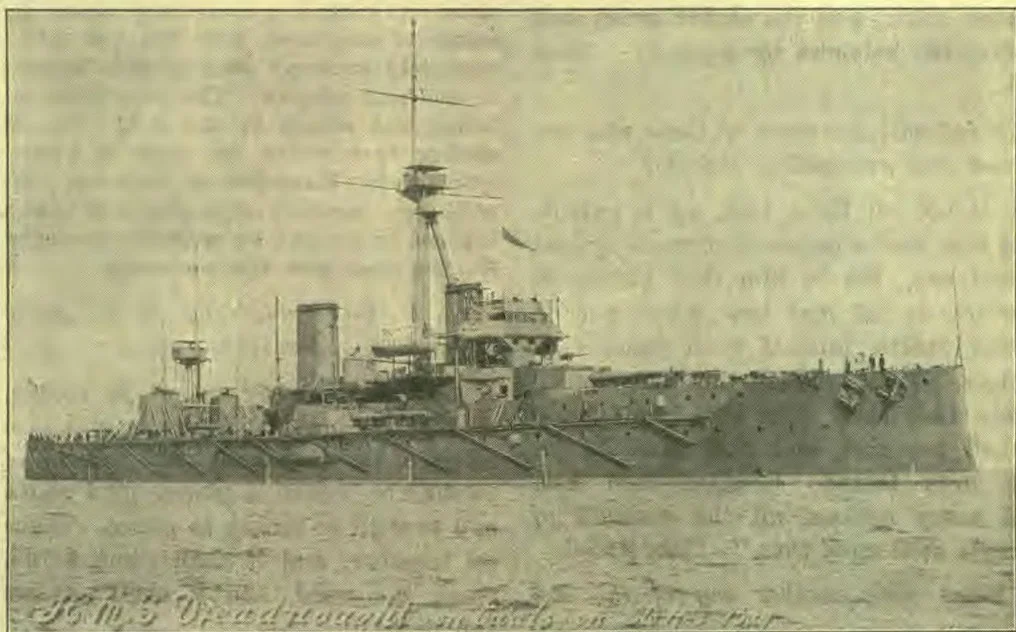 British Battle-ship "Dreadnought." Length: 520 feet. Beam, 82 feet. Draft, 20½ feet. Displacement, 19,000 tons. Speed, 21 knots. Armor: bolt, 11 inches; turrets, 11 inches. Guns: ten 12-inch, eighteen 3-inch.