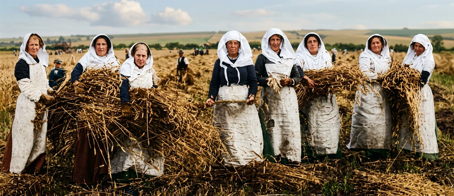 HARVESTING SCENE IN NORFOLK, ENGLAND
The war drain has thrown much of the burden of farm work upon the women.