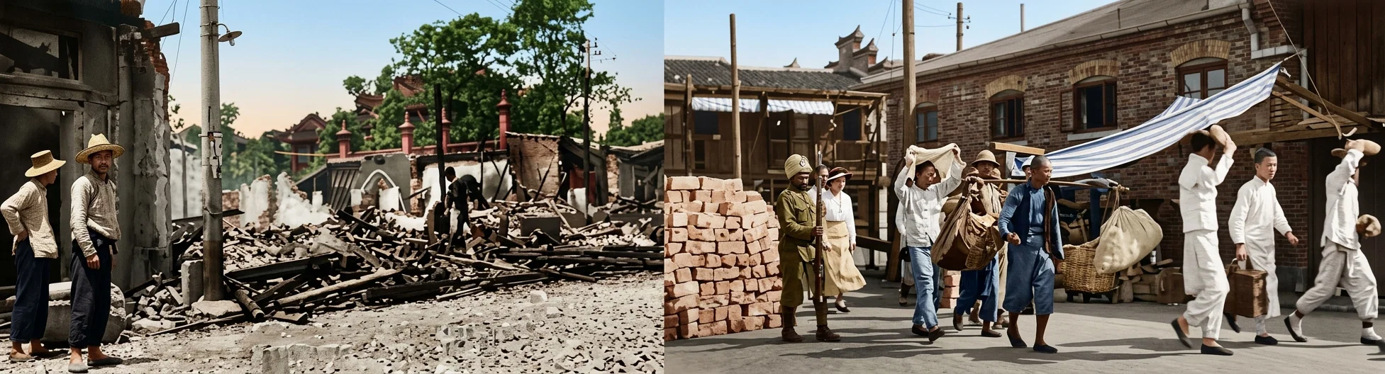 House destroyed in Shanghai by explosion of shell Refugees fleeing to the foreign concession, Shanghai