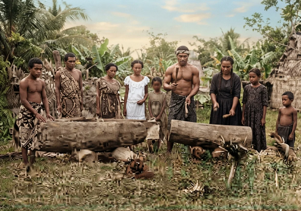 South Sea Islanders. The natives are beating the hollow logs which serve in the place of church-bells.