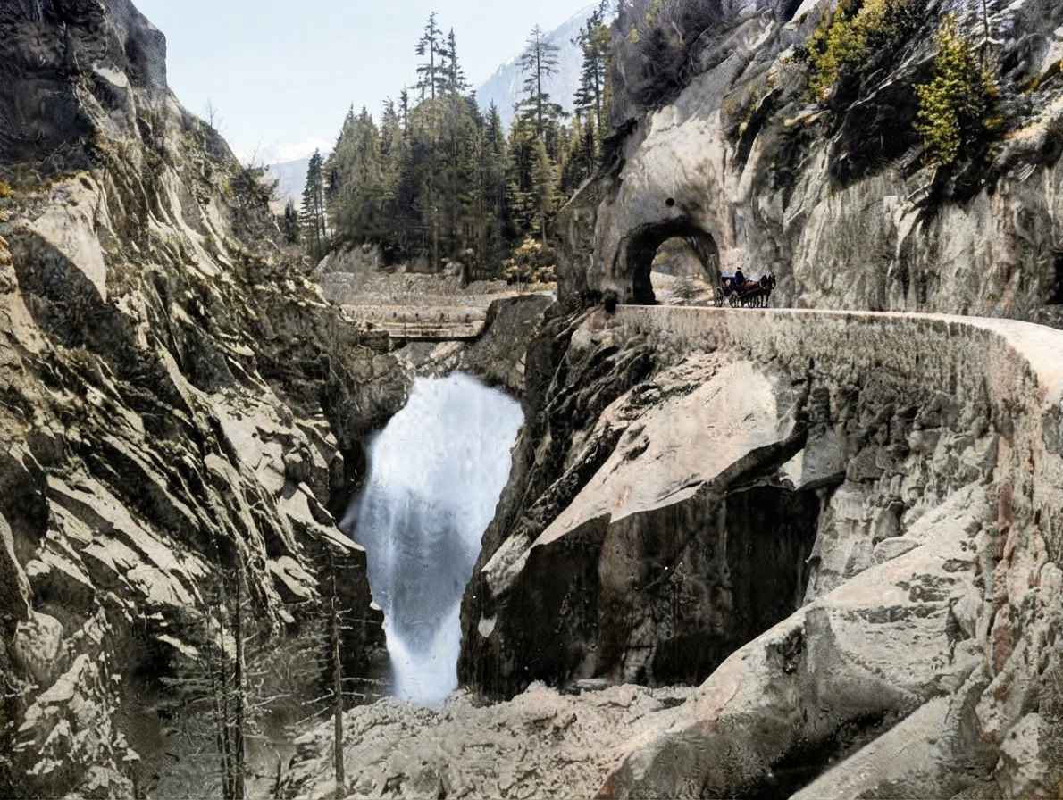 CASCADE OF THE AARE, ON THE GRIMZEL ROAD, IN THE SWISS ALPS.