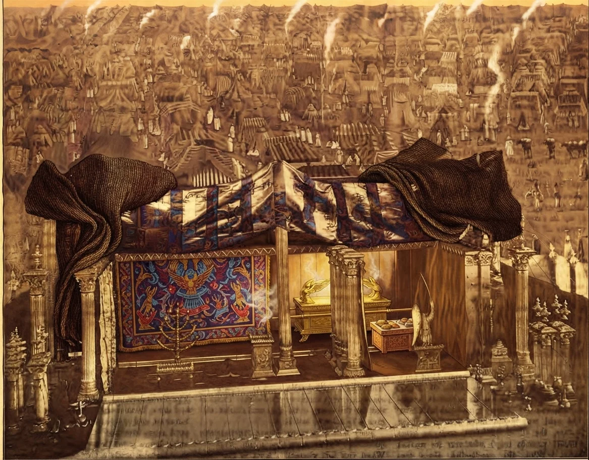 THE SANCTUARY UNCOVERED, SHOWING FURNITURE, WITH TENTS OF ISRAEL IN BACKGROUND