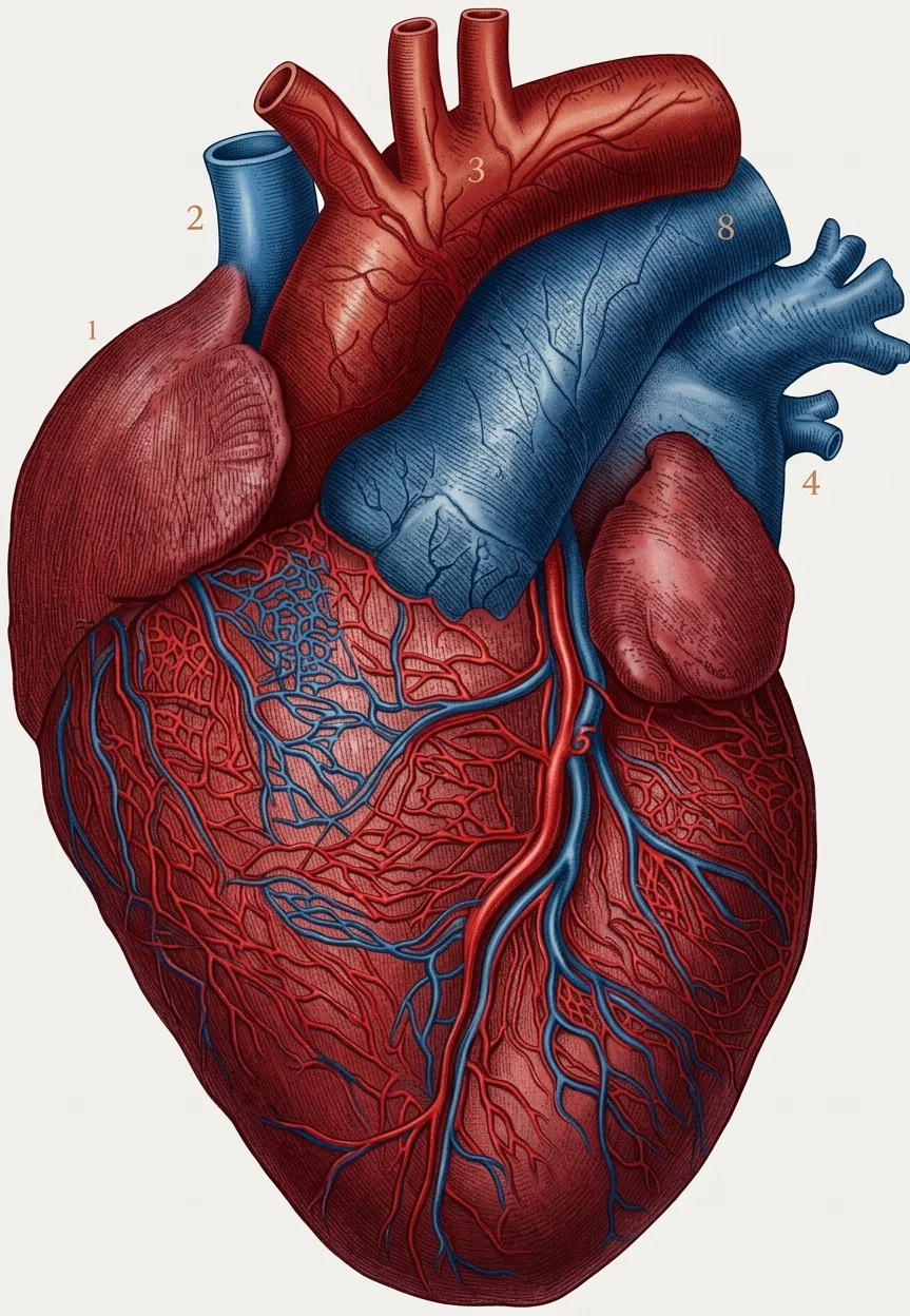 THE HEART. 1. RIGHT AURICLE. THE LEFT AURICLE IS IN THE CORRESPONDING POSITION ON THE OPPOSITE SIDE; 2. VENA CAVA; 3. AORTA; 4. PULMONARY VEINS; 8. PULMONARY ARTERY.