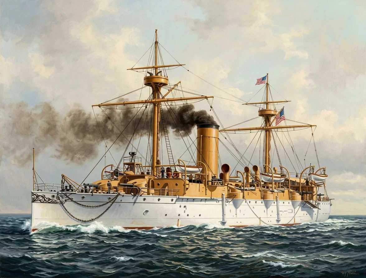 The Protected Cruiser Charleston.—Displacement, 3,730 tons; speed, 8.2 knots. Her protective deck has 2-inch armor on the flat and 3 inches on the slopes. Main battery has two 8-inch and six 6-inch guns; secondary rapid-fire battery consists of four 6-pounders, two 3-pounders, two 1-pounders, four 37-mm. Hotchkiss, two Colts and one field gun. Of this class* of vessels Great Britain has 123, France 47, Germany 13, Italy 23, Austria 8, Russia 3, Spain 12, Denmark 5, Netherlands 10, Turkey 6, Portugal 4, Sweden and Norway 2, and the United States 16.
