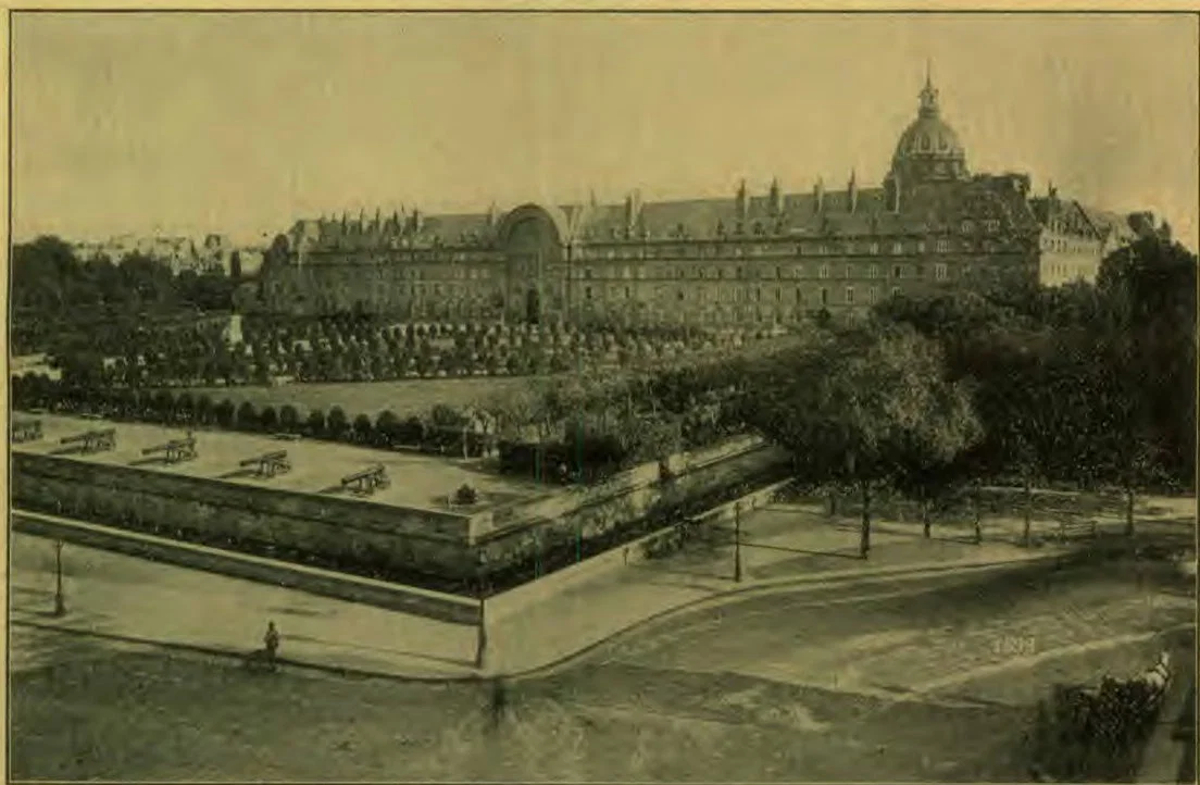 The Hotel of the Invalides, Paris, really an old veteran's home, in which are exhibited many of the trophies which French military prowess have won, and in the rear of which is the tomb of Napoleon.
