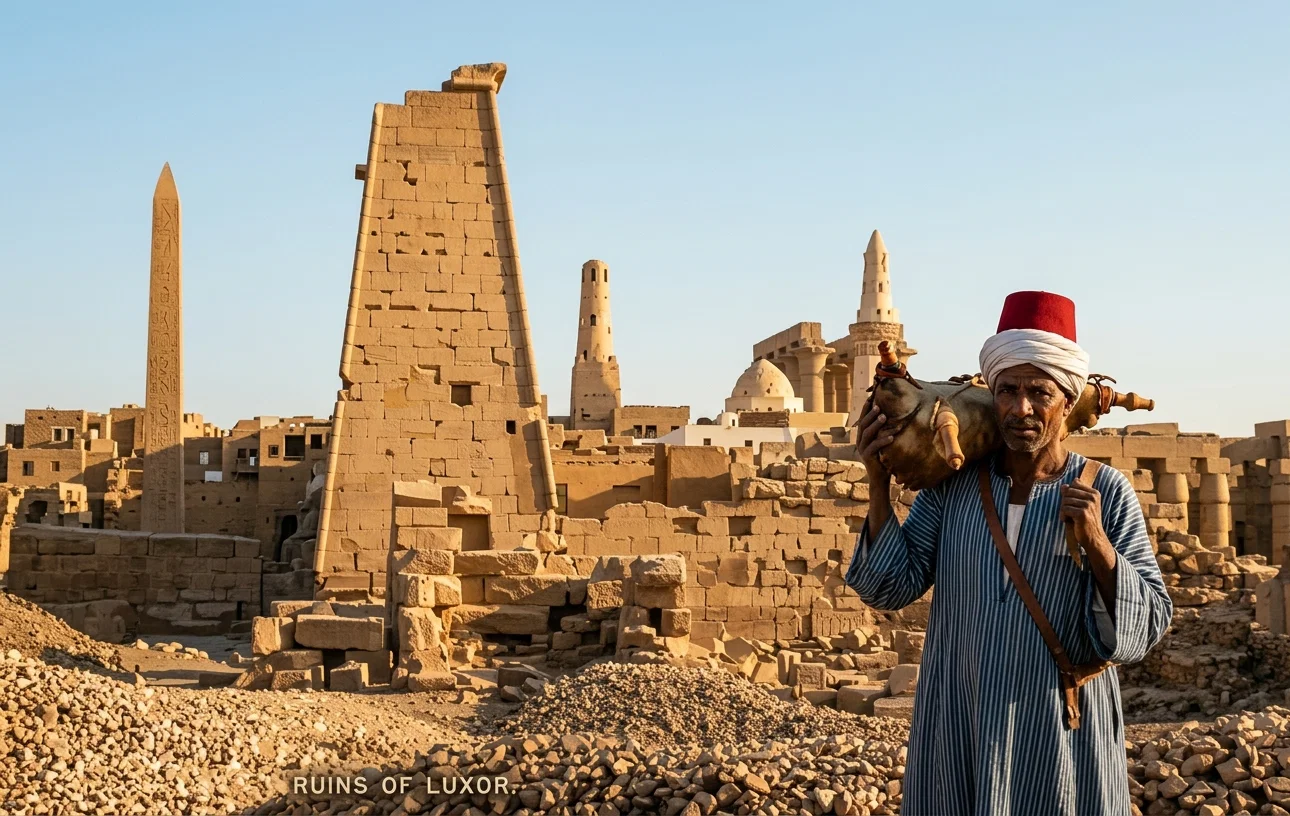 RUINS OF AN ANCIENT TEMPLE AT LUXOR, EGYPT. A NATIVE WATER-CARRIER