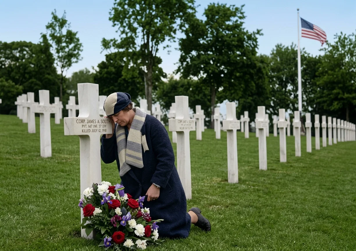 The United States Government is sending groups of “gold star” mothers to France this summer to visit the graves of their sons killed in the World War. Here is a mother from Cincinnati kneeling at the grave of her son, killed twelve years ago, and buried in Suresnes Cemetery.