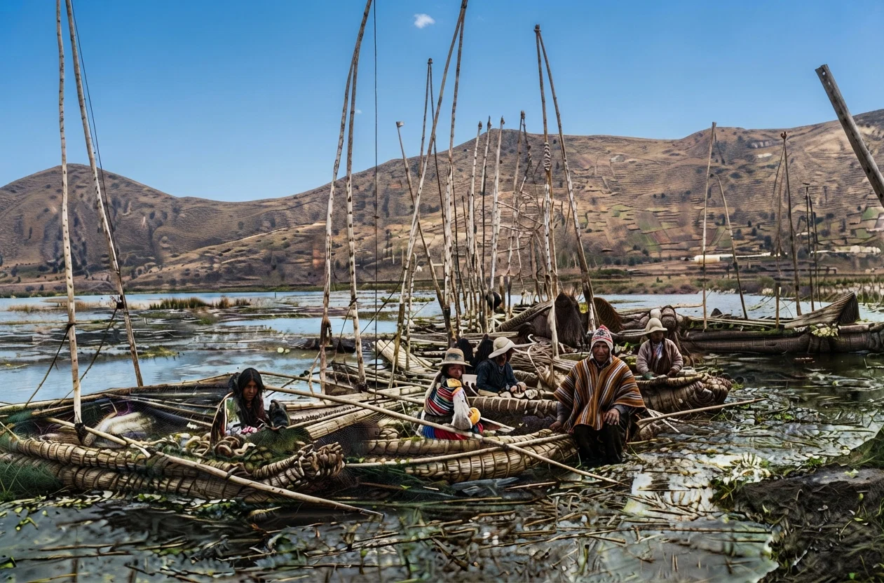INDIANS IN THEIR CANOES ON LAKE TITICACA